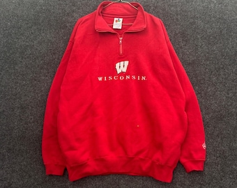 Felpa vintage anni '90 Wisconsin Badgers con cerniera a un quarto, rossa, ricamo Midwest, taglia L