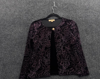 Notations Petite Schwarze Samt-Strickjacke mit rosa Glitzer-Paisley-Muster und offener Vorderseite PM