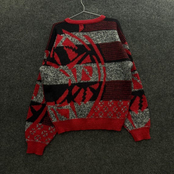 Vintage Saturdays 90s Grandpa Abstract Geometric Wool Blend Sweater Red Large