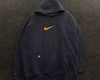Vintage Nike Center Swoosh Hoodie Navy Blue Yellow 2000s Oversized XL