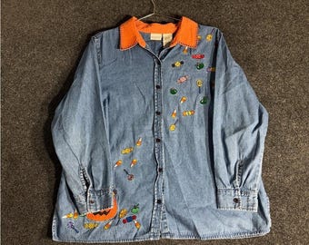 Vintage Halloween brodé denim light coat femmes L citrouille blanc cerf des années 90