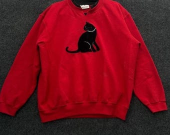 Felpa girocollo da donna taglia XL con stampa grafica anni '90 in velluto rosso e nero di Country Store.