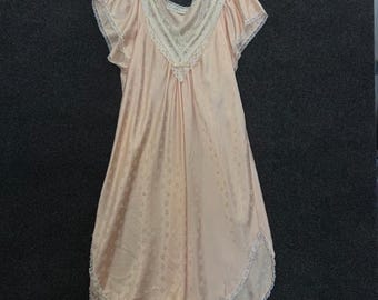 Vintage Carol Hochman roze kanten nachtjapon 3-delig dames one size satijn, slaapshirt