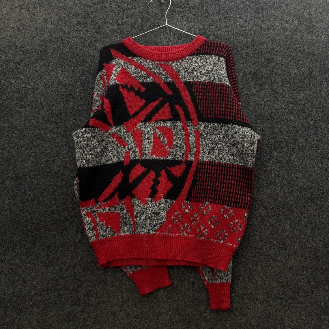 Vintage Saturdays 90s Grandpa Abstract Geometric Wool Blend Sweater Red Large, foto 2 di 5