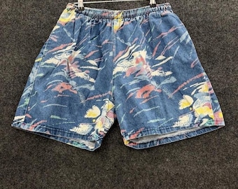 Pantalones cortos vaqueros con estampado abstracto, azul medio, estilo años 80 y 90, cintura elástica.
