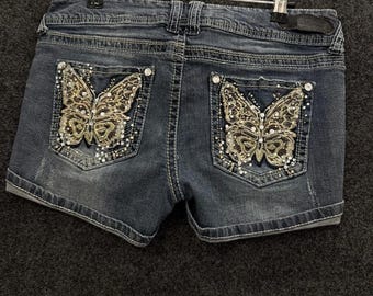 WallFlower Butterfly Denim Shorts Womens Size 11 Blue Embellished Y2K