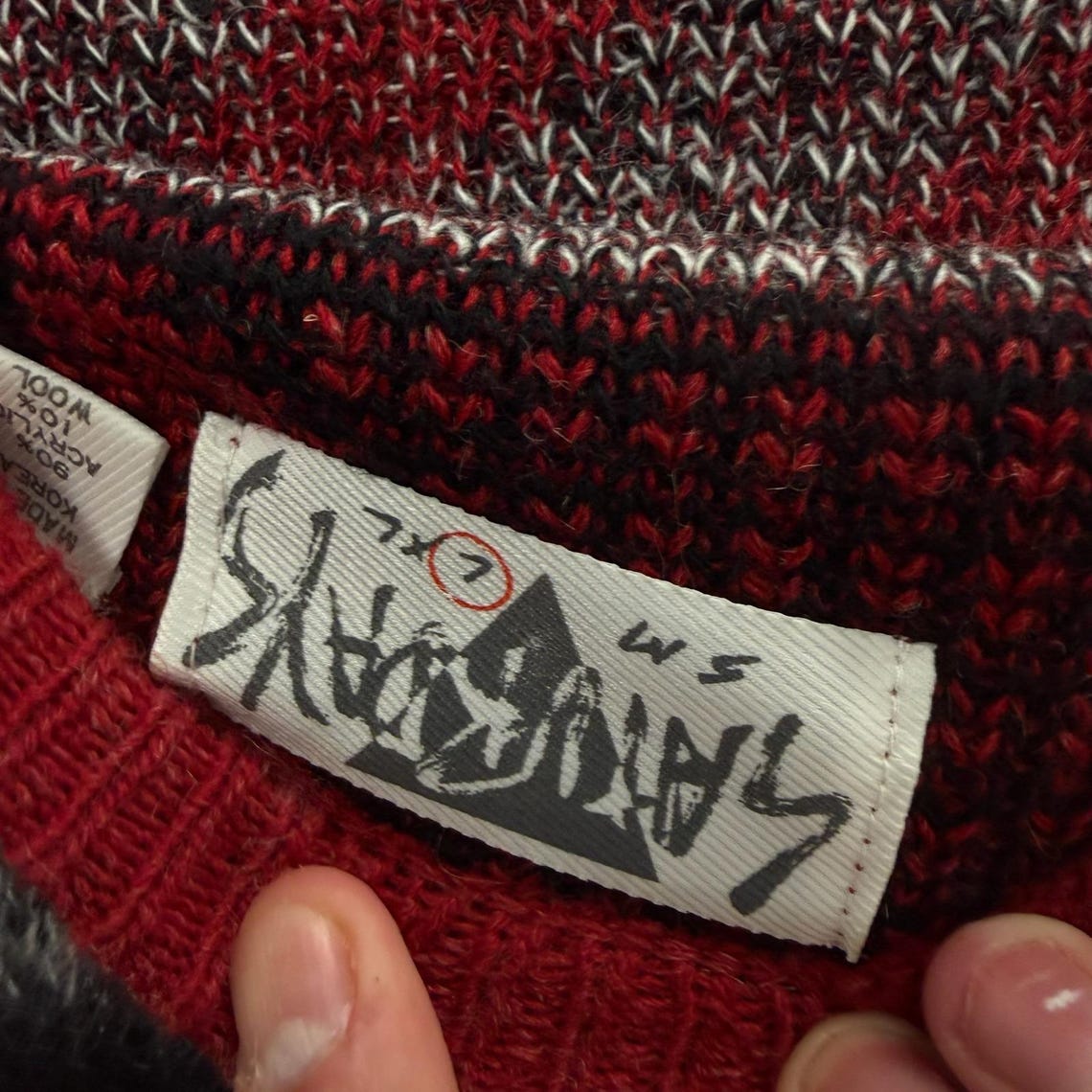 Vintage Saturdays 90s Grandpa Abstract Geometric Wool Blend Sweater Red Large, foto 3 di 5
