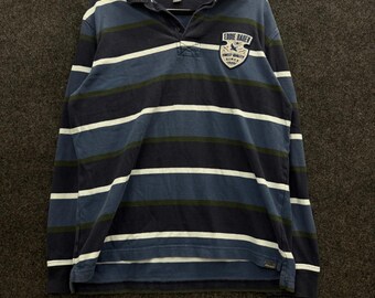 Camisa de rugby de manga larga a rayas para hombre Eddie Bauer, talla grande, color azul marino con logo del escudo.