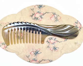 Natural Black Ox Horn Wide Tooth Comb Hand Carved Handle Anti Static Long Hair Comb