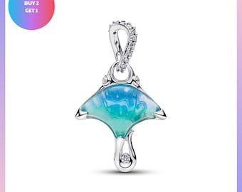 Sterling Silver Manta Ray Charm, Blue Enamel, Zircon Accents, Ocean Jewelry