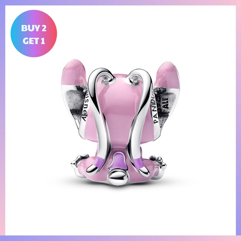 A pink and silver charm in the shape of a unicorn, with the words "PANDORA" and "PANDORA" written on it.