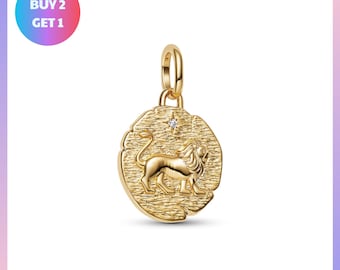 Sterling Silver Lion Medallion Charm, Zodiac Jewelry, Zircon Accent