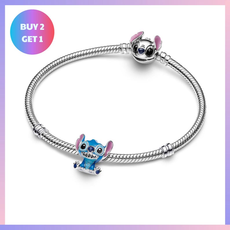 A silver-colored charm bracelet with a blue and purple Stitch character charm on it.