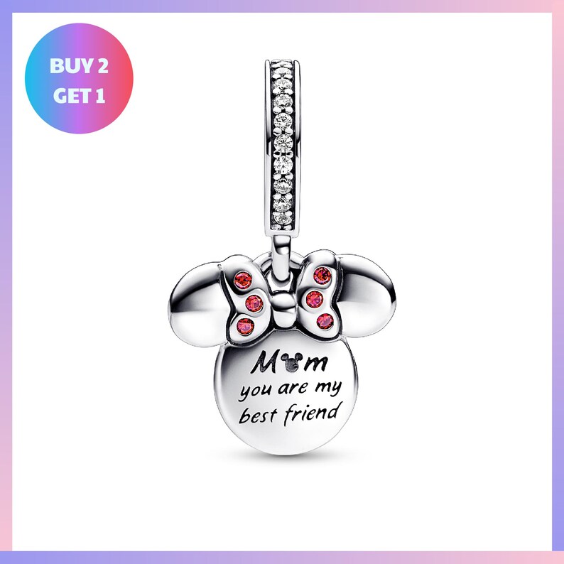 A silver charm bracelet with a charm in the shape of Minnie Mouse and the text "Mom you are my best friend" engraved on it.