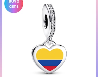Sterling Silver Heart Charm Bead, Zircon Accents, Colombia Flag Jewelry