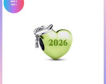 Sterling Silver Graduation Heart Charm 2026, Purple Zircon Accent Bead