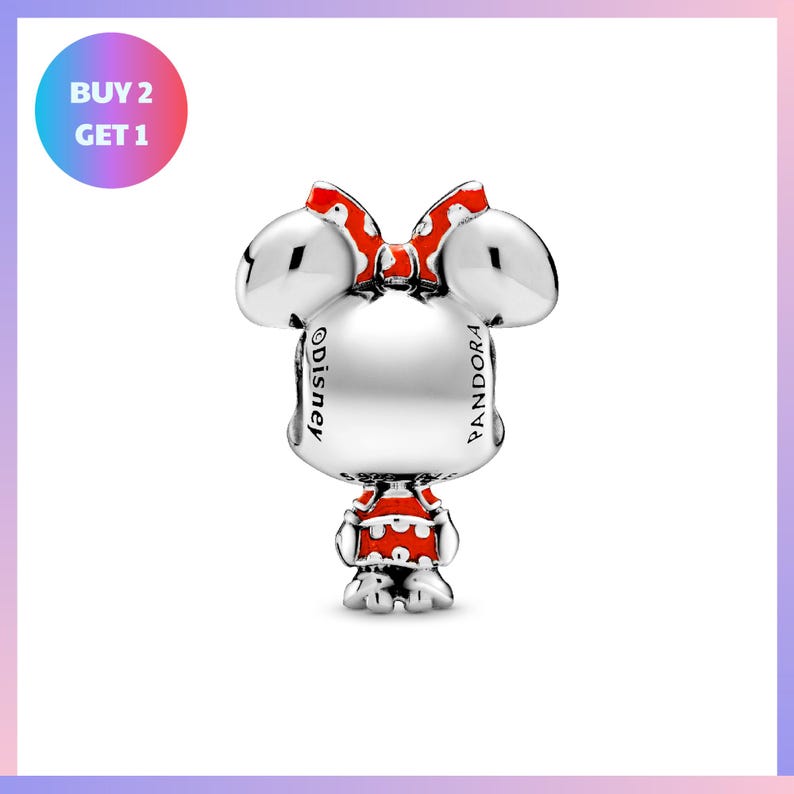 A silver charm in the shape of Minnie Mouse with a bow, displayed against a white background.
