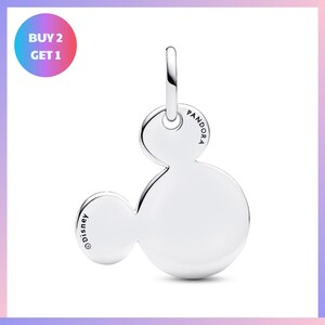 A silver charm in the shape of a Mickey Mouse ear, with the word "PANDORA" engraved on it.