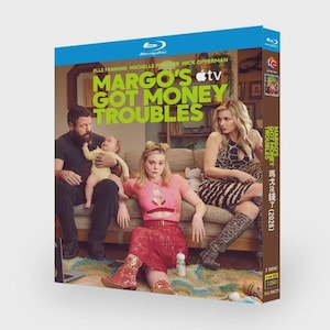 Pode incluir: Disco Blu-ray do filme "Margo's Got Money Troubles" com Elle Fanning, Michelle Pfeiffer e Nick Offerman. A capa tem um fundo azul-petróleo com o título do filme em letras verdes grandes. O disco está rotulado como "2 DISC" e "1080".