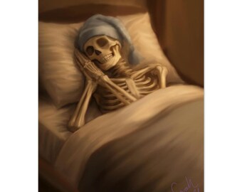 Sleepy Skeleton Art Print: Whimsical Macabre Wall Decor, Gothic Bedroom Poster