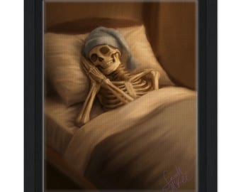 Sleepy Skeleton Art Print: Cozy Macabre Wall Decor, Gothic Bedroom Art