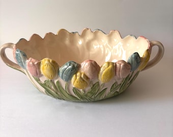 Bol de cerámica con forma de tulipán, firmado por Pat Hinz, de estilo vintage. Plato grande de cerámica artística pintado a mano.