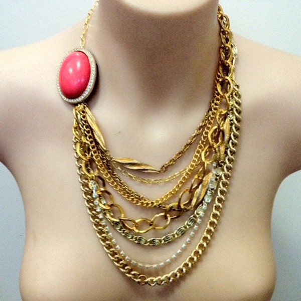 OOAK "Marie Antoinette" bright pink cabochon and gold chain necklace