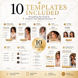 Può includere: Grafica promozionale in oro e bianco che pubblicizza 10 modelli di trucco. Il design include immagini di donne truccate, testo come "Prenota il tuo appuntamento", "Offerta speciale" e "Prima e dopo", e il testo "Completamente modificabile in Canva".