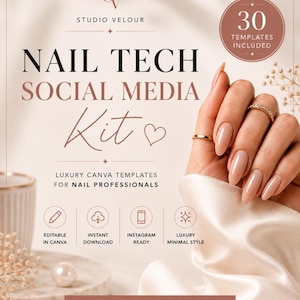 Può includere: Immagine promozionale per un kit di social media per tecnici delle unghie. Il design presenta il testo "NAIL TECH SOCIAL MEDIA Kit" in un font elegante. L'immagine include una mano con unghie lunghe e smaltate e il testo "30 TEMPLATES INCLUDED".