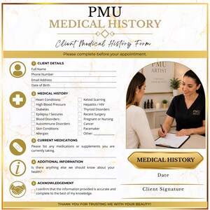 Puede incluir: Un formulario de historial médico PMU con fondo de mármol blanco y dorado. El documento incluye secciones para datos del cliente, historial médico, medicamentos, información adicional y una línea de firma, con una foto de un profesional.
