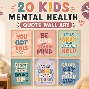 Könnte beinhalten: Eine Sammlung von sechs rechteckigen Wandkunst-Drucken mit Zitaten zur psychischen Gesundheit in verschiedenen Pastellfarben. Der Text enthält Phrasen wie You Got This, Be Kind To Your Mind, It Is Okay To Ask For Help, Rest Is Not Giving Up, It Is Okay Not To Be Okay und Every Day Is A Fresh Start.