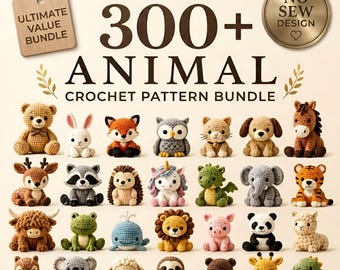 May include: A digital collection of 300+ animal crochet patterns featuring a variety of small, colorful, crocheted creatures including a bear, rabbit, fox, owl, cat, dog, horse, deer, raccoon, hedgehog, unicorn, dragon, elephant, tiger, and more.