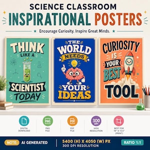 May include: Three science classroom posters featuring colorful illustrations and text. The first is teal with a test tube, the second is blue with a brain and lightbulb, and the third is orange with a rocket ship. Text includes "Think Like A Scientist Today," "The World Needs Your Ideas," and "Curiosity Is Your Best Tool."