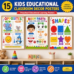 15 Preschool Educational Posters, Kids Classroom Decor, Printable Learning Wall Art, Numbers Alphabet Shapes Color, Instant Download PDF PNG