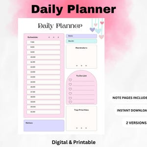 Afdrukbare dagelijkse planner, roze schemasjabloon, tijdblokkering takenlijst (direct downloaden)