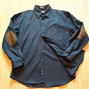 Pendleton Mens L Black Virgin Wool Flannel Shirt Elbow Patches AA032-28274-R