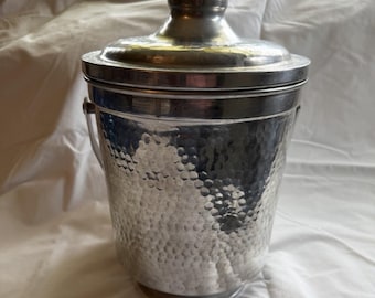 Hammered Silver Metal Ice Bucket w/ Lid & Handle Made in Italy 12" H x 8"