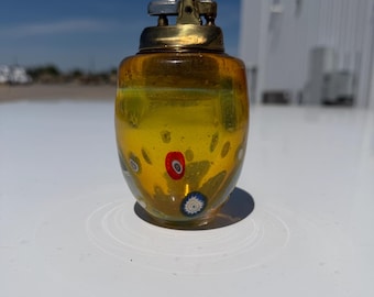 Vintage Murano Art Glass Table Lighter – Amber Gold Controlled Bubble Glass – Millefiori Cane Accents – Mid Century Italian Decor