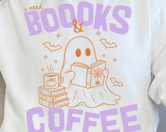 Halloween Book Ghost Sweatshirt Coffee Lover Ghost Tops for Women Trendy Sweatshirt Fall Spooky Season Shirt Cute Gift for Book Lovers Fall