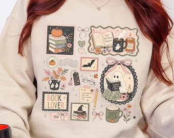 Cozy Cottagecore Booklover Halloween Sweatshirt, Coquette Reading Ghost Shirt, Spooky Season Bookish Apparel, Fall Book Reader Clothing