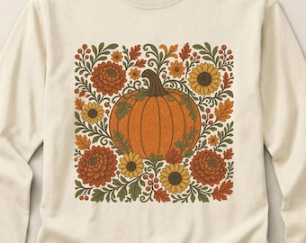 Comfort Colors Retro Boho Pumpkin Shirt, Floral Fall Tee, Cozy Autumn Vibes Tshirt, Vintage Thanksgiving Top, Cottagecore Harvest Season