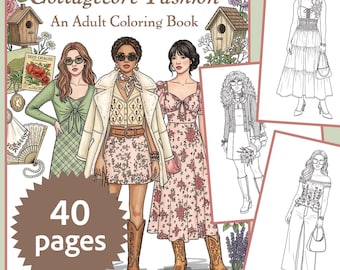 コテージコアファッションぬりえブック 40ページ（PDFデジタルダウンロード版、印刷可能）