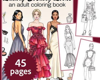 Luxury Evening Looks Coloring Book for Adults - 45 Illustration Pages (PDF Digital Download)