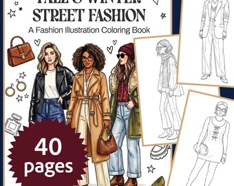 秋冬ファッション大人向け塗り絵 - ストリートスタイルのイラスト（PDFデジタルダウンロード）