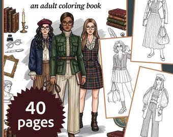 Dark Academia Coloring Book for Adults - 40 Preppy Fashion Illustrations (PDF Digital Download)