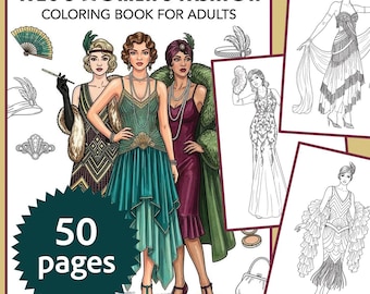 大人のための1920年代ファッション塗り絵 - アールデコ調のイラスト、歴史的なファッション（PDFデジタルダウンロード）