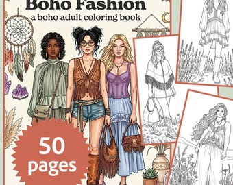 大人のためのボヘミアンファッション塗り絵 - 50ページ ボヘミアンデザイン (PDFデジタルダウンロード)