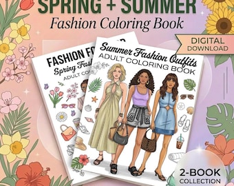春夏ファッションぬりえブックセット - 大人向けデザイン105ページ デジタルダウンロード