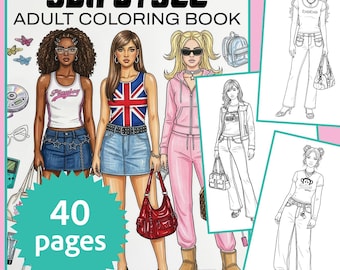 Y2K Fashion Coloring Book for Adults - 40 Pages Early 2000s Style (PDF Digital Download)
