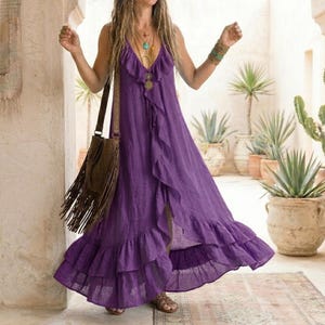 light purple deep v neck maxi dress Women's Summer A Line Deep V Neck Dress Short Lantern Sleeve Ruffles Swing  Midi Dress with Belt Light Purple Large